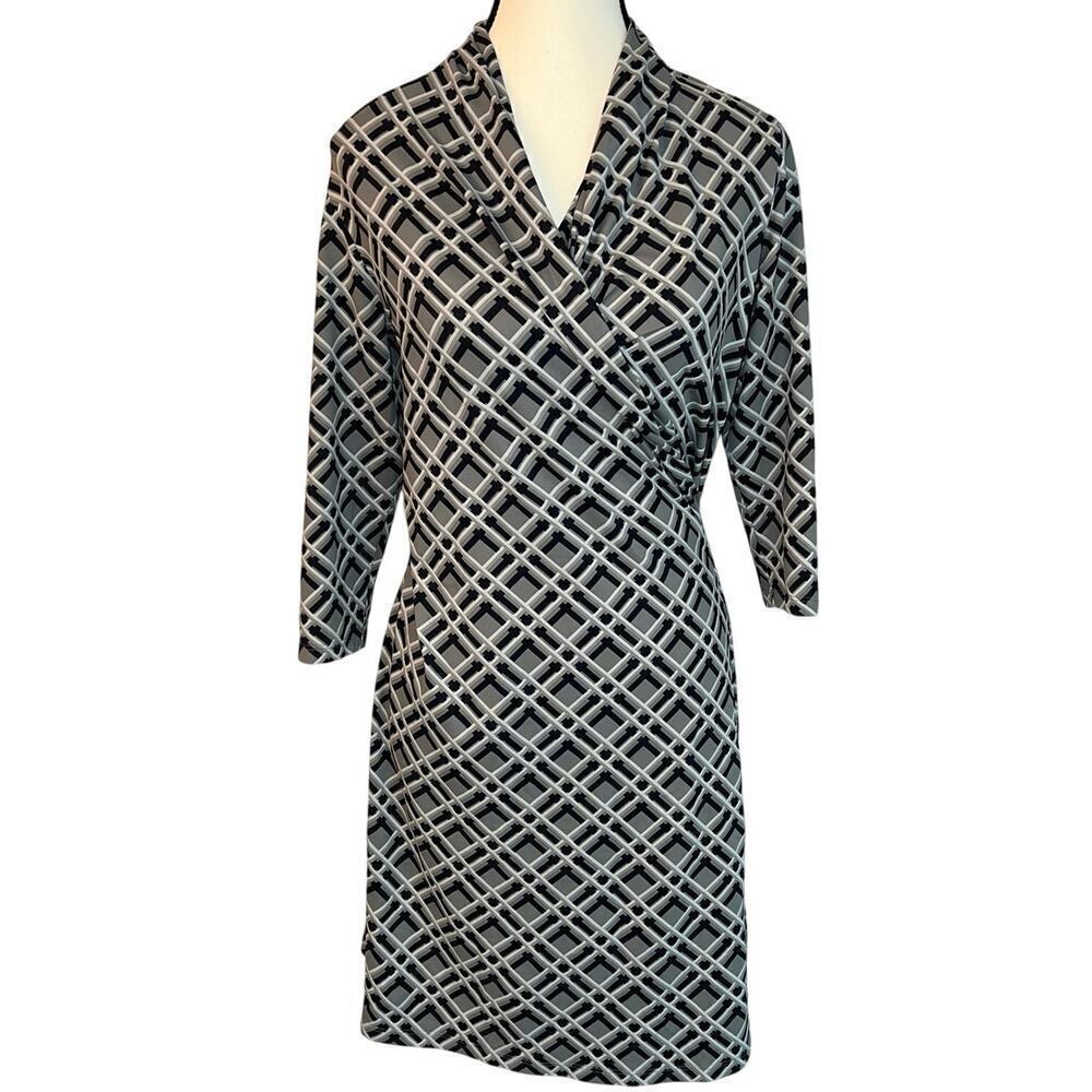 J. Mclaughlin Catalina Cloth Black Gray Geometric Print Faux Wrap Dress Size XS